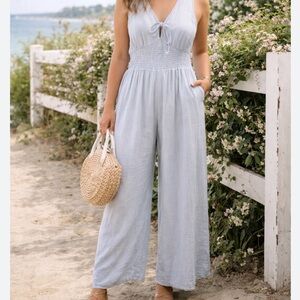 American Eagle Outfitters Pinstripe Super Wide Leg Light Gray Smocked Jumpsuit